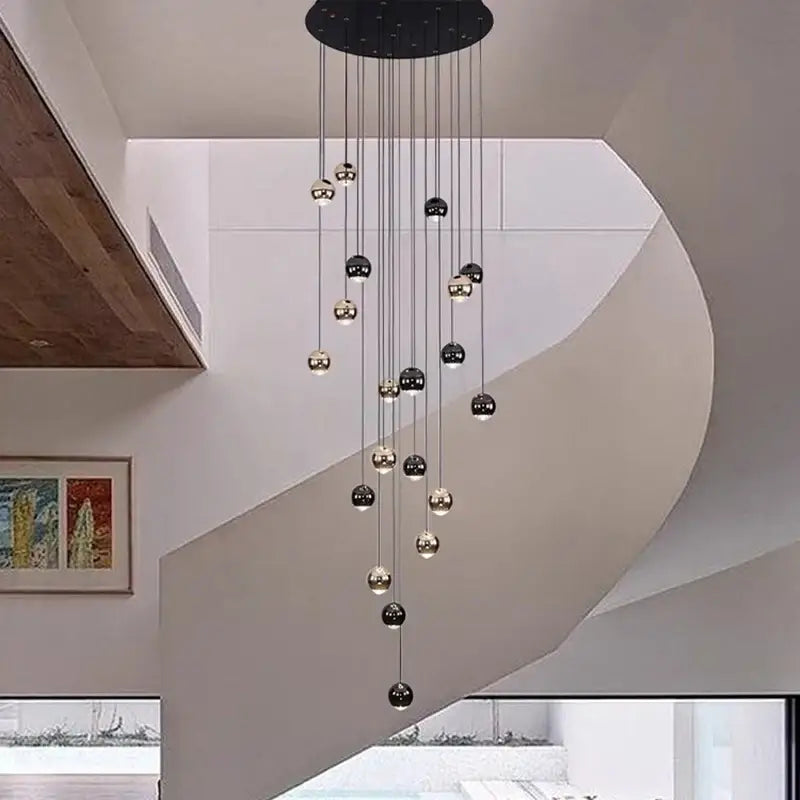 Modern black and chrome spherical pendant light with circular ceiling mount made of ironware alloy for modern interiors