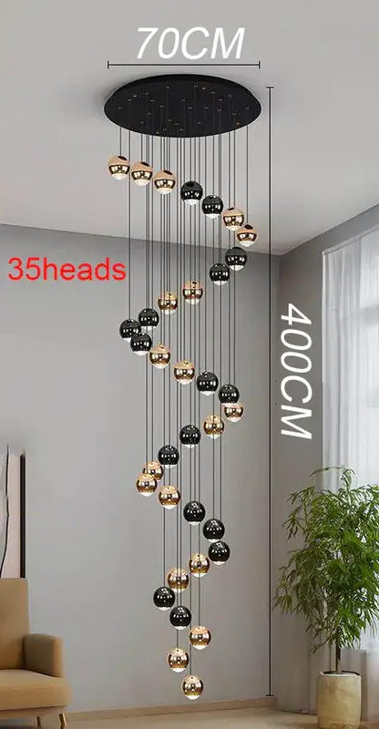 Modern black and gold spherical pendant light with ironware alloy for staircase featuring 35 lights and thin cables
