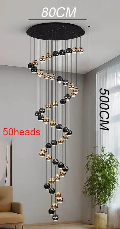 Modern black and gold spherical pendant light with 50 heads in ironware alloy for modern interiors and staircases