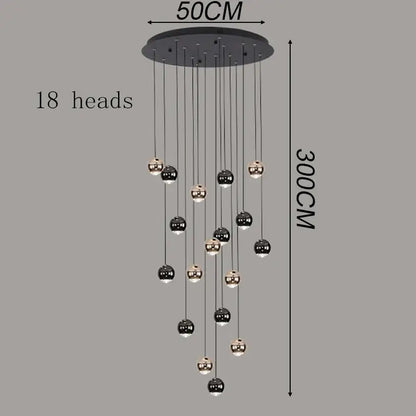 Modern black and chrome spherical pendant light with 18 hanging lights in ironware alloy for modern interiors