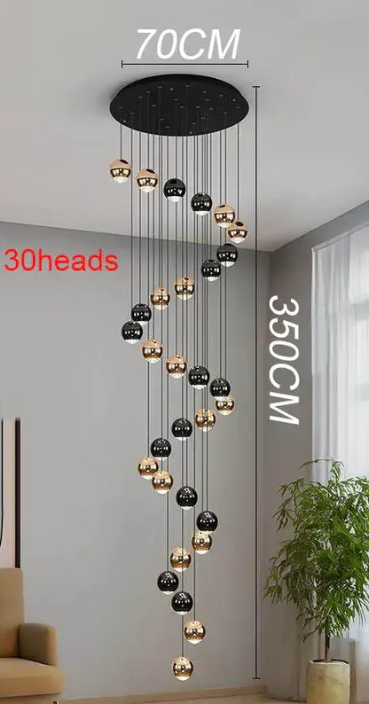 Modern black and gold spherical pendant light with 30 glass globes and ironware alloy for modern interiors staircase