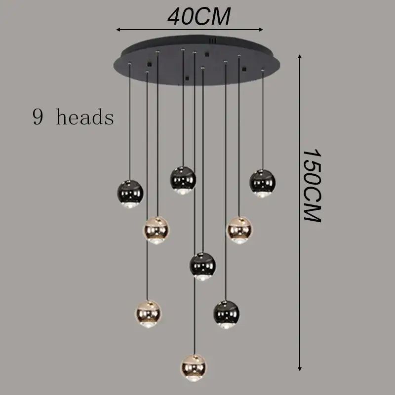 Modern black and gold spherical pendant light with nine lights made of ironware alloy for modern interiors