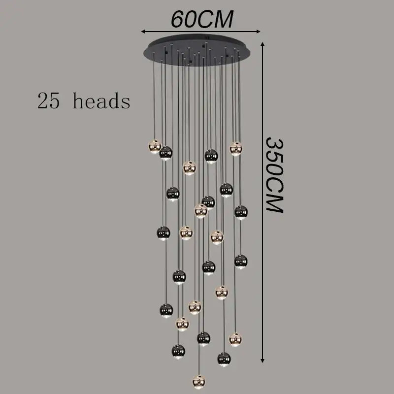 Modern black and chrome 25-head spherical pendant light made of ironware alloy for modern interiors and staircases