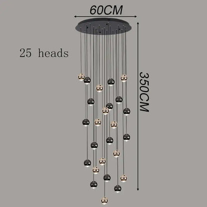 Modern black and chrome 25-head spherical pendant light made of ironware alloy for modern interiors and staircases