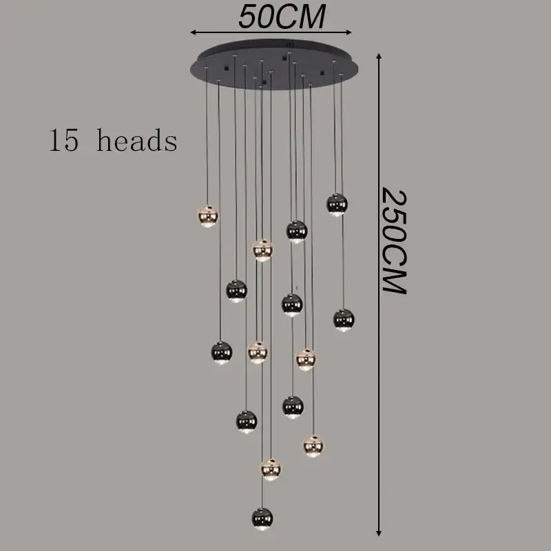 Modern black and chrome pendant light with 15 spherical heads in ironware alloy for modern interiors staircase