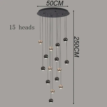 Modern black and chrome pendant light with 15 spherical heads in ironware alloy for modern interiors staircase