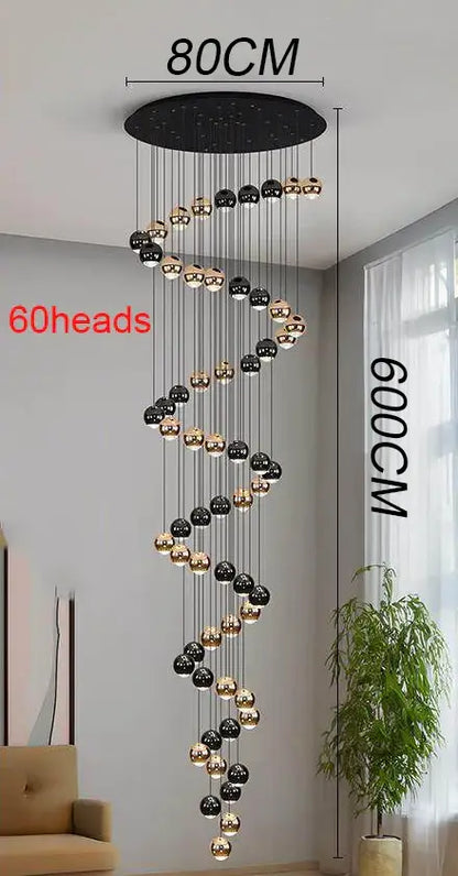 Modern black and gold spherical pendant light for staircase made of ironware alloy with 60 light heads and spiral design