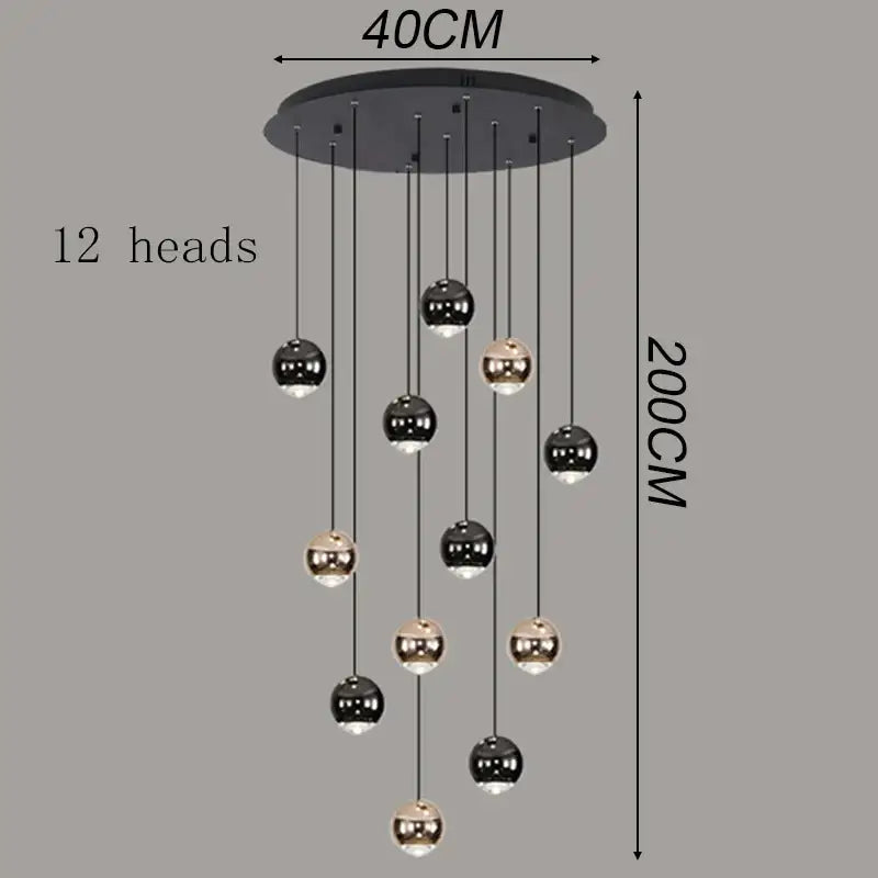 Modern black and gold spherical pendant light with 12 hanging lights for staircase made of ironware alloy for modern interiors