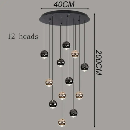 Modern black and gold spherical pendant light with 12 hanging lights for staircase made of ironware alloy for modern interiors
