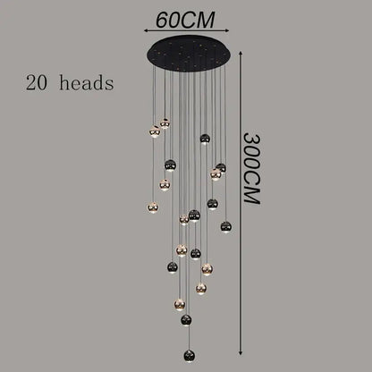 Modern black and gold spherical pendant light with 20 hanging lights made of ironware alloy for staircase use