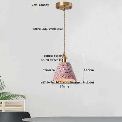 Modern black and gold terrazzo stone pendant lamp with pink terrazzo shade brass canopy and adjustable wire decorbites black terrazzo