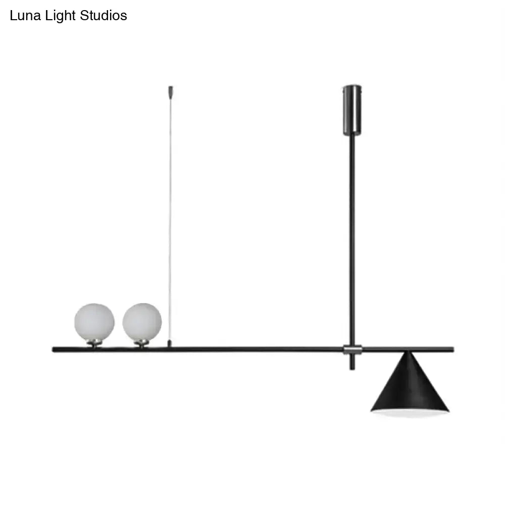Decorbites contemporary black gold metal linear chandelier with three lights featuring frosted glass globes and conical shade for islands compatible with 110-120v and 220-240v