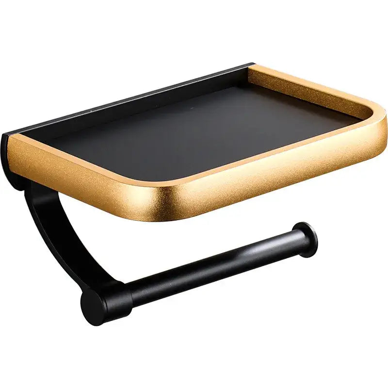 Modern black and gold metallic tissue paper holder with rectangular phone tray for bathroom use