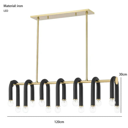 Modern black u shape tube ring chandelier with brass iron frame and ten exposed LED bulbs for dining room lighting