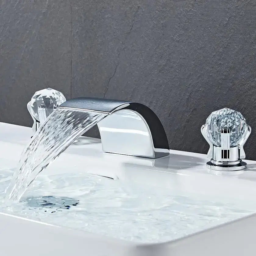 Modern black and gold waterfall basin faucet with chrome finish and crystal knob handles for decorbites black basin