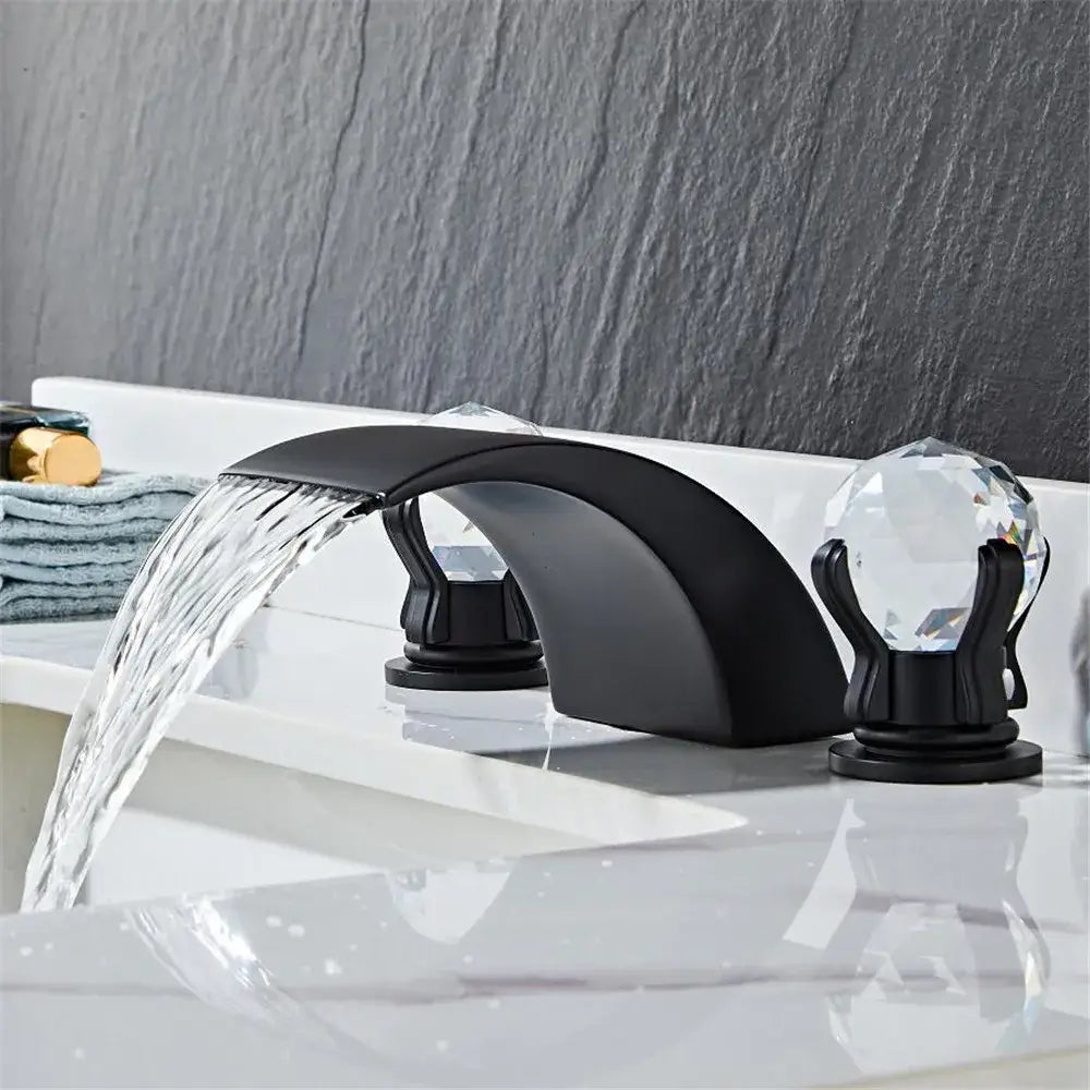 Modern black and gold waterfall basin faucet with crystal knobs decorbites black basin faucet for bathroom sink tap