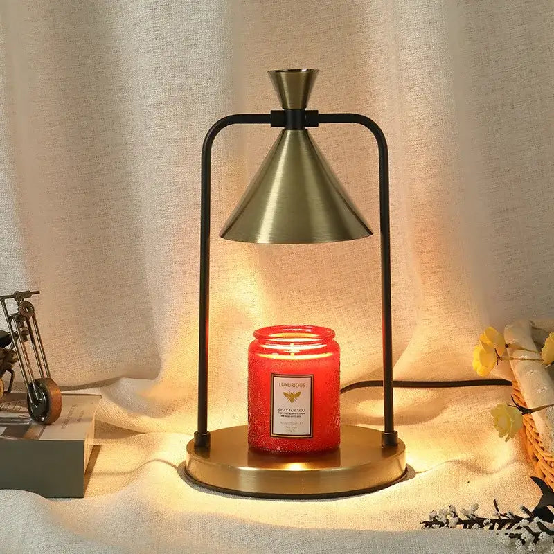 Modern black gold and white decorbites candle warmer lamp with brass conical design and black metal frame for candle warming