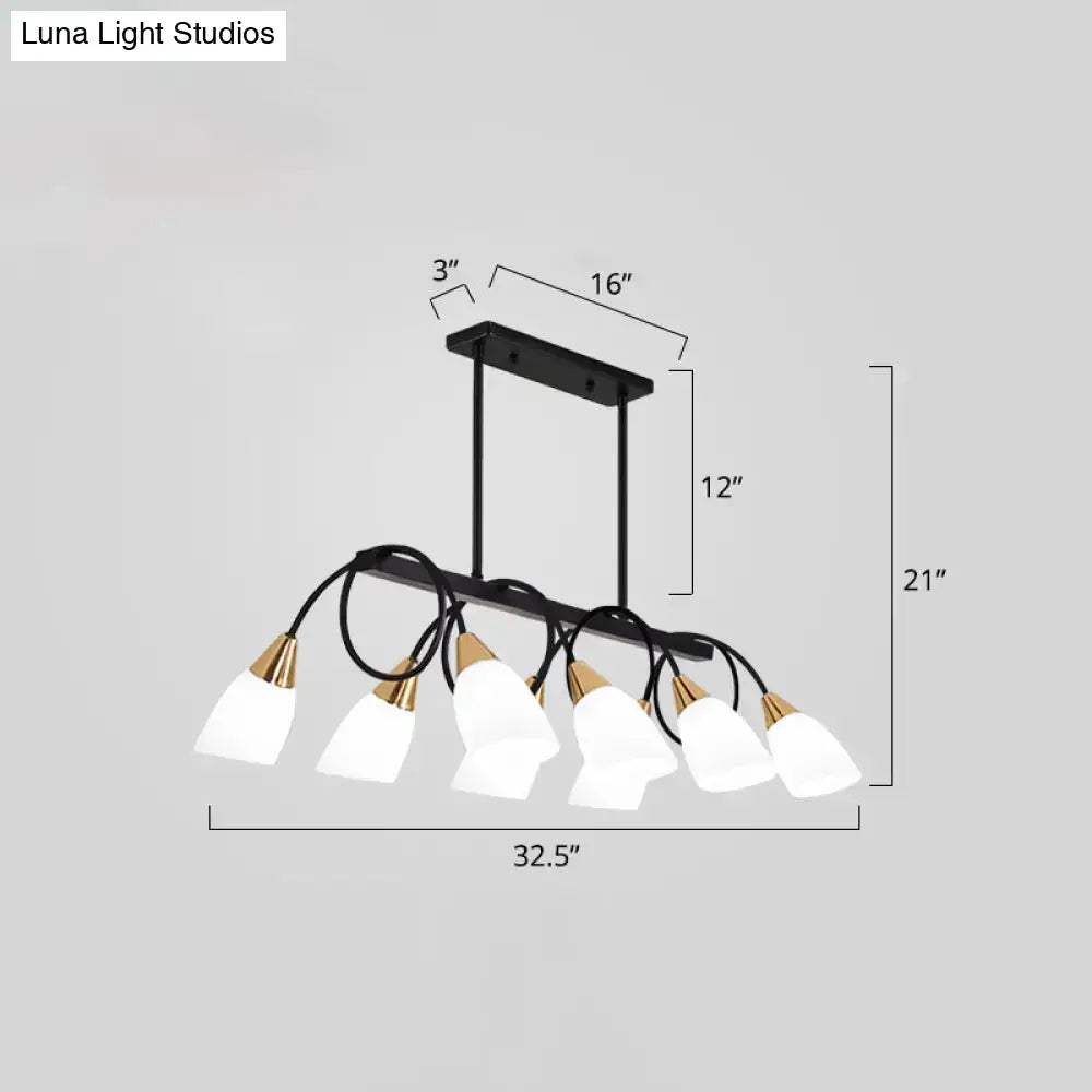 Black metal decorbites suspension ceiling light with six white glass shades and gold-toned accents for dining room