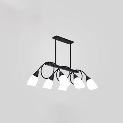 Modern black metal chandelier with five white glass shades featuring frosted white glass ceiling light design