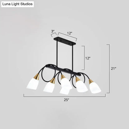 Black metal chandelier with five frosted white glass shades and gold-toned accents ceiling light for dining room