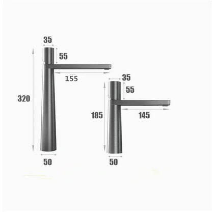 Modern black and grey brass decorbites basin faucet with matte finish and two height options for bathroom use