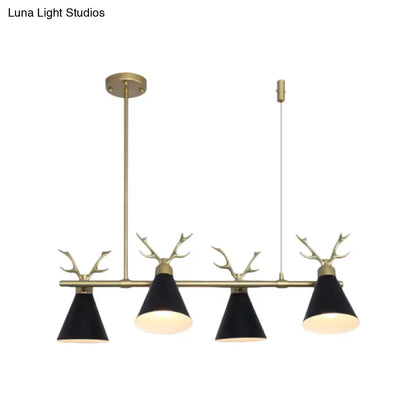 Brass-finished deer antler pendant light with four black conical shades in black grey white for restaurant island lighting