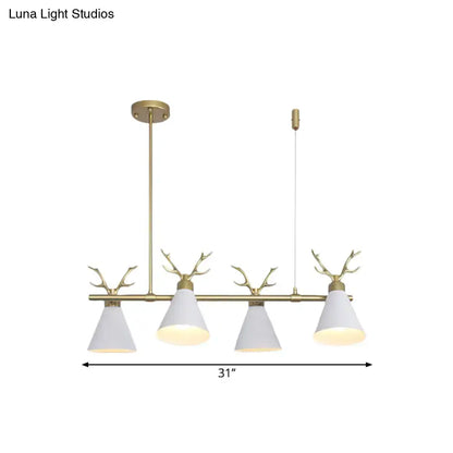 Gold-toned antler design chandelier with four white conical shades for black grey white restaurant island lighting