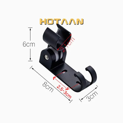 Modern black metal wall-mounted hand shower holder with adjustable arm and hooks for bathroom organization