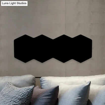 Modern black hexagon aluminum shade wall mount light with acoustic panels arranged in a zigzag pattern for bedroom decor