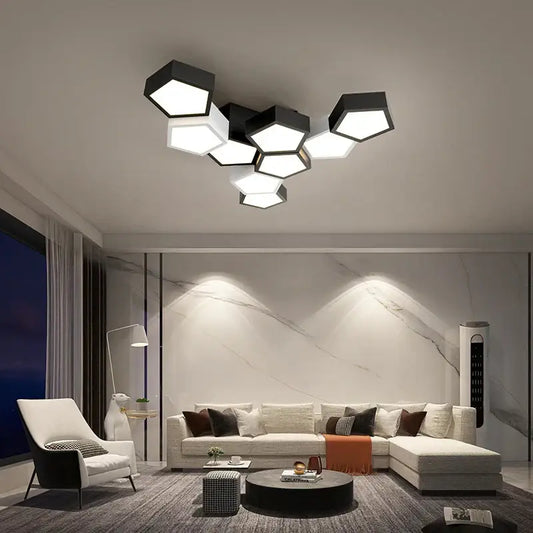 Modern black hexagonal geometric ceiling lamps with illuminated panels ideal for master bedroom ceiling lamps decorbites geometric ceiling
