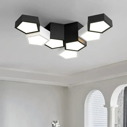 Modern black hexagonal geometric ceiling lamp with six illuminated panels ideal for master bedroom ceiling lamps decorbites