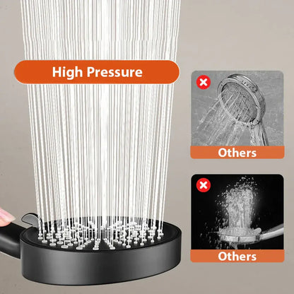 Modern black high pressure shower head with multiple nozzles emitting dense water stream for bathroom use