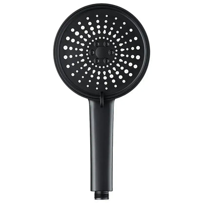 Modern black matte finish high pressure shower head with circular perforated face and central control knob for water saving rainfall