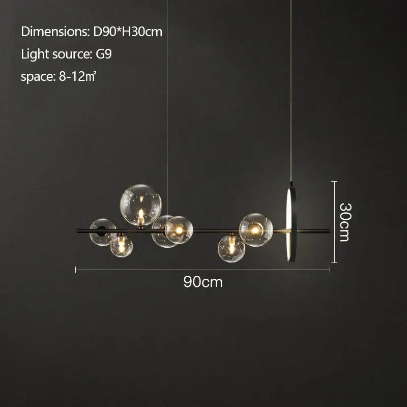 Modern black industrial glass pendant chandelier with clear glass globe bulbs and sleek circular accent for kitchen lighting