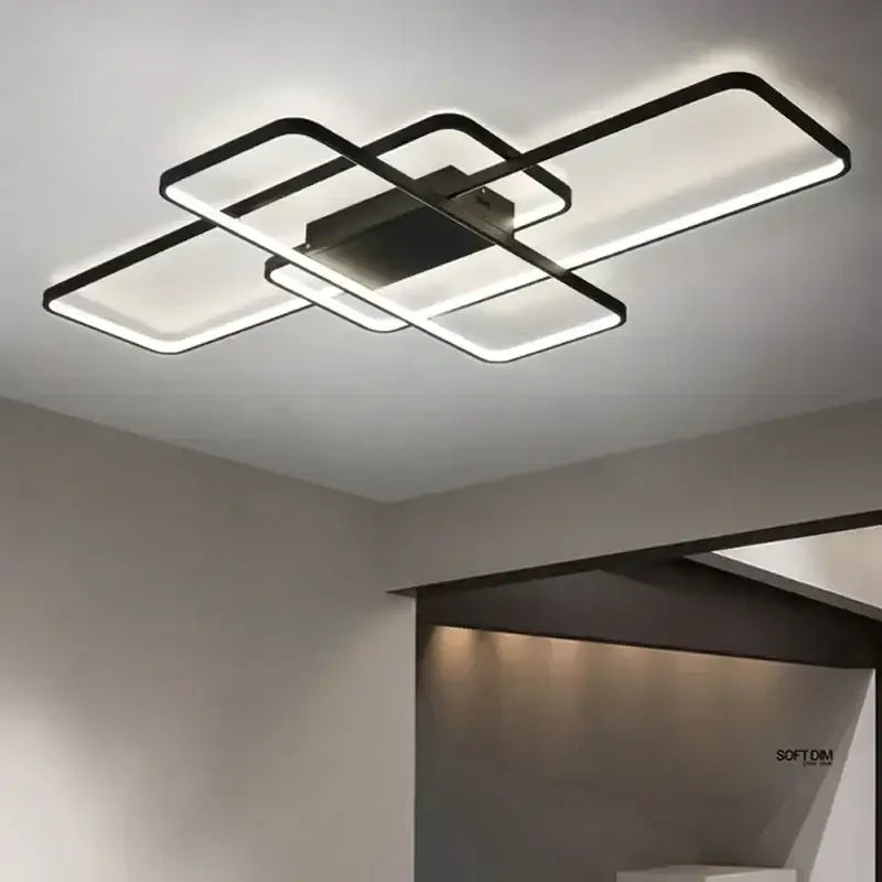 Modern black intersecting led ceiling light with rectangular panels emitting bright glow for decorbites elegant ceiling use
