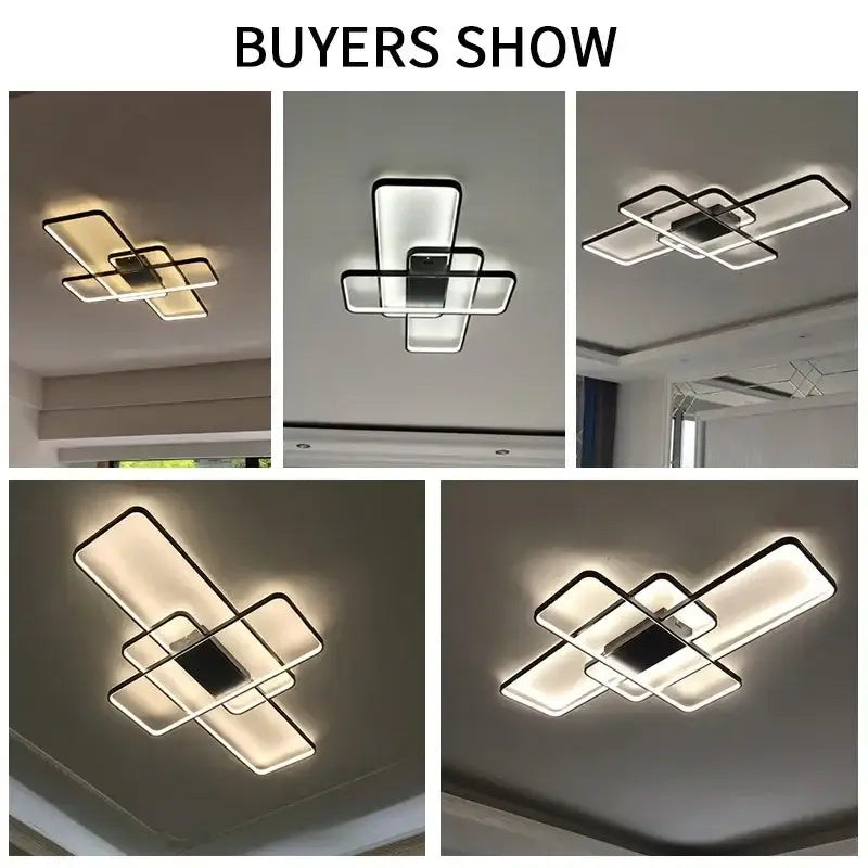 Modern black intersecting rectangular decorbites dimmable ceiling light with sleek frame and glowing white illumination