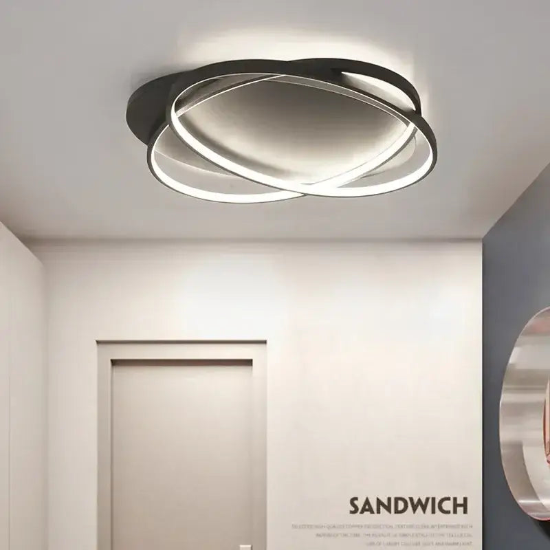 Modern black and white led decorbites dimmable ceiling light with intertwined circular rings and intersecting rectangular design