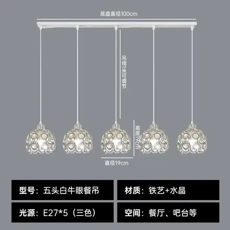 Modern black iron pendant lamp with five-head white cow-eye lights and crystal dining decorbites design for kitchen island