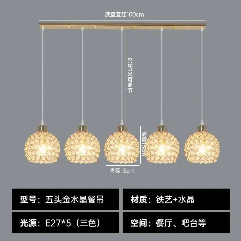 Five-head gold-toned crystal dining pendant lamp with spherical mesh glass shades and brass fixtures for decorbites crystal dining