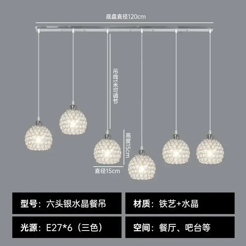 Six-head silver crystal pendant lamp with faceted glass globes and black iron cage for decorbites crystal dining use