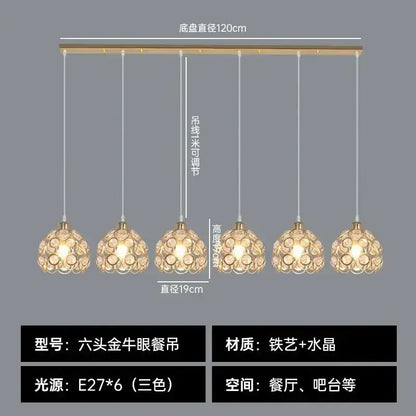 Modern black iron cage pendant lamp featuring six-head golden bull-eye chandelier with crystal glass globes decorbites crystal dining