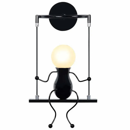 Black metal swing-style wall sconce with glowing spherical bulb and curved limbs for decorbites creative led wall decor