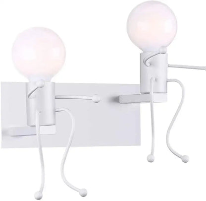 White wall sconce with black iron whimsical stick-figure designs and spherical bulbs for decorbites creative led wall use