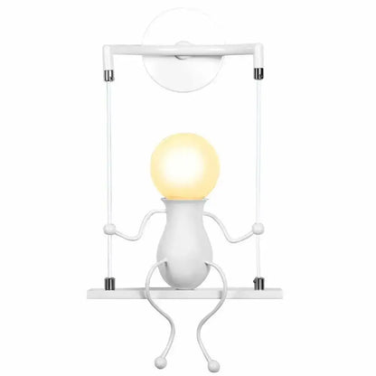 Modern black iron wall sconce with white whimsical swing lamp and glowing bulb head for creative led wall decorbites decor
