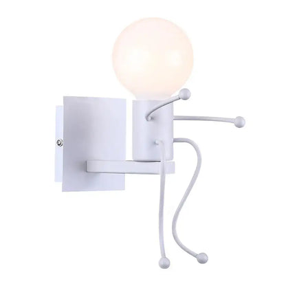 White metal wall sconce with whimsical stick figure design and glowing head for modern black iron creative led wall decorbites creative led wall