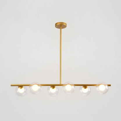Modern black gold island pendant with five clear glass globe bulbs for dining room lighting
