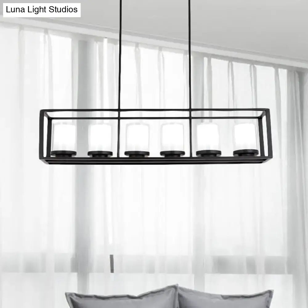 Black metal island pendant light with six frosted white glass candle-style led incandescent fluorescent bulbs for kitchen lighting