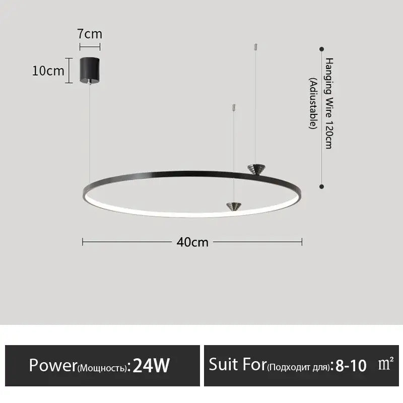 Modern black italian style led pendant light with sleek minimalist circular design and adjustable hanging wire for living room