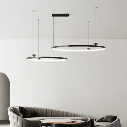 Modern black italian style led pendant light with sleek metallic chains and minimalist circular design for living room