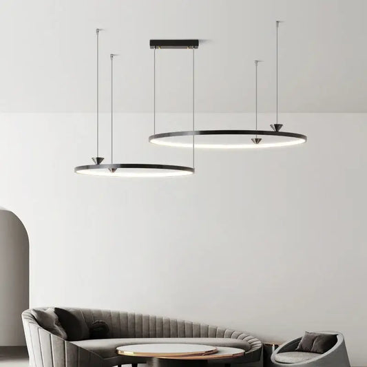 Modern black italian style led pendant light with sleek metallic chains and minimalist circular design for living room